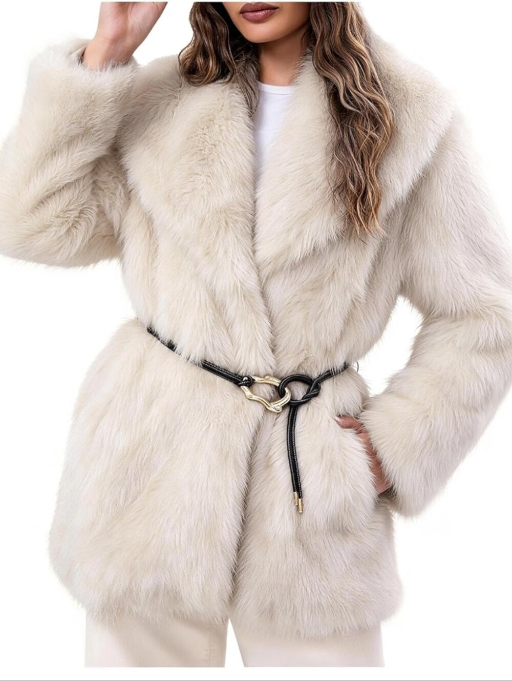 NWT Womens Faux Fur Coat Lapel Mid Long Shaggy Furry Jacket Belt Mid-Length M